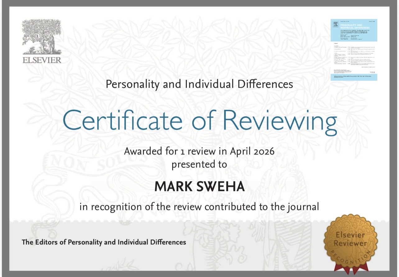 Elsevier Certificate of Reviewing — Personality and Individual Differences, awarded to Mark Sweha